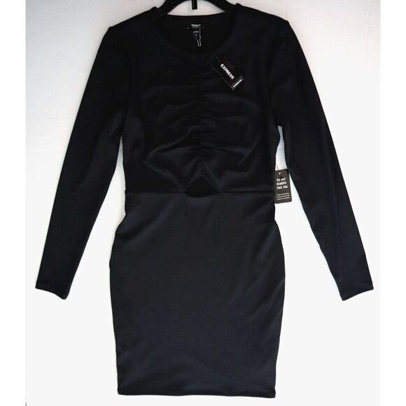 Express 90130 Women's Sz XS Black L/S Ruched Cut-Out Body Con Dress - Picture 1 of 8